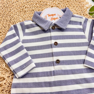  Macacão Tricotil (Tricot 100% Algodão) com Gola e Estampa Digital - Azul Jeans com Listras